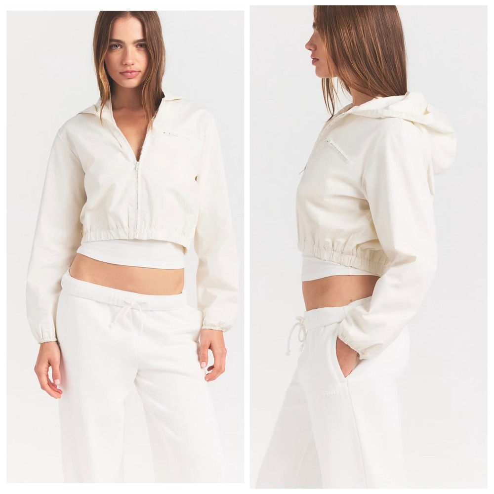 SKIMS Woven Cotton Cropped Zip Up Jacket Egret Off White 2X Hooded Pocket NWOT